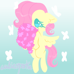 Size: 510x510 | Tagged: safe, artist:cutiesparke, fluttershy, butterfly, pegasus, g4, blue background, female, filly, filly fluttershy, floppy ears, flower, flying, foal, gradient background, hiding, hiding face, sky background, solo, spread wings, wings, younger