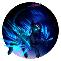 Size: 3000x3000 | Tagged: safe, artist:squishkitti, oc, oc only, oc:night eclipse, horse, artificial wings, augmented, big ears, blue coat, blue eyes, blue hooves, circle background, demigirl, ear fluff, flying, gift art, glowing, glowing eyes, high res, horse oc, leonine tail, long tail, magic, magic wings, night, non-pony oc, partially transparent background, raised hooves, shiny mane, shiny tail, signature, smiling, solo, stars, tail, three quarter view, two toned mane, wings