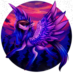 Size: 4000x4000 | Tagged: safe, artist:squishkitti, oc, oc only, pegasus, pony, absurd resolution, big ears, blue eyes, circle background, coat markings, colored wings, colored wingtips, contest prize, feathered wings, female, female oc, flying, gift art, gradient legs, gradient mane, gradient tail, gradient wings, gradient wingtips, limited palette, long legs, long mane, long muzzle, long tail, looking back, mare, mare oc, multicolored wingtips, partially transparent background, pegasus oc, profile, purple coat, raised hoof, raised leg, shiny coat, shiny eyes, shiny mane, shiny tail, slender, socks (coat markings), solo, sparkles, sparkly mane, sparkly tail, spread wings, tail, thin, thin legs, wingding eyes, wings