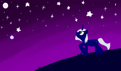 Size: 1024x600 | Tagged: safe, artist:kharmacal, oc, oc only, oc:star gazer, pony, unicorn, art fight, comet, full moon, gray eyes, horn, lineless, looking at the sky, looking up, mare in the moon, moon, purple sky, raised hoof, solo, stars