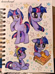 Size: 2233x3022 | Tagged: safe, artist:dariarchangel, twilight sparkle, pony, unicorn, g4, adorkable, big crown thingy, big eyes, blushing, book, bookhorse, bookworm, bust, cute, daaaaaaaaaaaw, dork, element of magic, emoji, faic, female, floppy ears, heart, hoof on face, horn, jewelry, lying down, mare, multicolored hair, photo, portrait, prone, regalia, shy, shy smile, sketchbook, smiling, smirk, solo, stars, straight mane, that pony sure does love books, thinking, traditional art, tricolor mane, twiabetes, twiface, unicorn twilight, 🤔