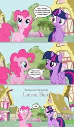 Size: 1140x1947 | Tagged: safe, artist:silverbuller, pinkie pie, twilight sparkle, alicorn, earth pony, pony, g4, breaking the fourth wall, comic, credits, duo, duo female, female, implied lauren faust, mare, pointing, ponyville, twilight sparkle (alicorn)