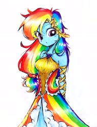 Size: 1835x2413 | Tagged: safe, artist:liaaqila, rainbow dash, equestria girls, g4, adorasexy, bare shoulders, clothes, cute, dashabetes, dress, female, gala dress, liaaqila is trying to murder us, liaaqila is trying to murder us with dashabetes, long hair, rainbow dash always dresses in style, sexy, simple background, sleeveless, slender, solo, thin, traditional art, white background