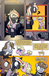 Size: 2480x3794 | Tagged: safe, artist:php104, oc, oc only, oc:calamity, oc:littlepip, oc:silver bell, oc:velvet remedy, pegasus, pony, unicorn, comic:rock farm, fallout equestria, g4, bottle, clothes, comic, confetti, female, filly, foal, gun, handgun, hat, horn, jumpsuit, little macintosh, mare, mare oc, paint, pipbuck, pony oc, raised hoof, revolver, speech bubble, surprised, vault suit