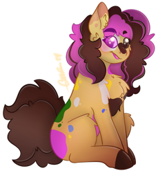 Size: 1551x1693 | Tagged: safe, artist:thatmlpartist, artist:trashpanda czar, oc, oc only, oc:donut dunk, earth pony, cheek fluff, chest fluff, ear fluff, female, looking at you, mare, poofy hair, poofy mane, simple background, sitting, solo, tongue out, transparent background