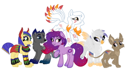Size: 6046x3445 | Tagged: safe, artist:sjart117, oc, oc only, oc:belewe, oc:eman, oc:guiding winds, oc:juntos, oc:nova stream, oc:pianzi, bird, chupacabra, kitsune, kitsune pony, original species, pony, thunderbird, werewolf, anubis, blue eyes, celestial pony, cheek fluff, chest fluff, colored pinnae, colored wings, cute, cute little fangs, ear fluff, egyptian, egyptian headdress, egyptian makeup, ethereal mane, ethereal tail, eye of horus, eyeshadow, fangs, female, folded wings, four wings, gradient legs, gradient mane, gradient tail, gradient wings, green eyes, group, hoof on chest, leaping, leonine tail, makeup, male, mare, multiple wings, not a griffon, orange eyes, pale belly, paws, permission given, raised paw, red eyes, sextet, simple background, slit pupils, sparkly mane, sparkly tail, spread wings, standing, tail, transparent background, turned head, two toned eyes, wings