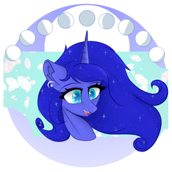 Size: 1440x1440 | Tagged: safe, artist:門久, princess luna, alicorn, pony, g4, bust, ear piercing, earring, female, jewelry, mare, moon, open mouth, open smile, piercing, smiling, solo