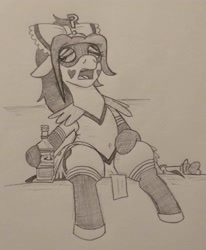 Size: 2358x2858 | Tagged: safe, artist:jargon scott, oc, oc only, oc:anon-mare, earth pony, pony, boots, bottle, bow, clothes, domino mask, female, floppy ears, grayscale, hair bow, lidded eyes, magical girl, mare, monochrome, open mouth, pencil drawing, shoes, sitting, solo, tired, traditional art