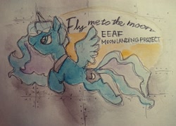 Size: 2048x1463 | Tagged: safe, artist:daisymane, princess luna, alicorn, pony, g4, female, flying, mare, smiling, solo, spread wings, text, traditional art, watercolor painting, wings