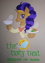 Size: 1463x2048 | Tagged: safe, artist:daisymane, saffron masala, pony, unicorn, g4, bowl, bust, female, food, hoof hold, horn, looking at you, mare, plate, smiling, smiling at you, solo, test, traditional art