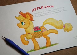 Size: 2048x1463 | Tagged: safe, artist:daisymane, applejack, earth pony, pony, g4, apple, applejack's hat, bag, basket, colored pencil drawing, cowboy hat, female, food, grass, hat, mare, name, saddle bag, smiling, solo, standing, standing on one leg, text, traditional art, walking