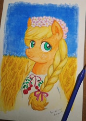 Size: 1463x2048 | Tagged: safe, artist:daisymane, applejack, earth pony, pony, g4, bust, clothes, cyrillic, dress, female, floral head wreath, flower, food, looking at you, mare, photo, smiling, smiling at you, solo, traditional art, ukraine, ukrainian, vyshyvanka, watercolor painting, wheat