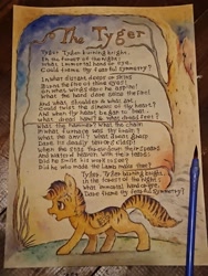 Size: 1536x2048 | Tagged: safe, artist:daisymane, big cat, hybrid, original species, pegasus, pony, tiger, tiger pony, fangs, open mouth, photo, poem, solo, text, traditional art, tree, watercolor painting