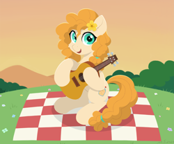 Size: 2773x2310 | Tagged: safe, artist:mercurysparkle, pear butter, earth pony, pony, g4, the perfect pear, beautiful, cute, female, flower, flower in hair, grass, grass field, guitar, looking at you, mare, mountain, musical instrument, outdoors, picnic, picnic blanket, sitting, smiling, solo