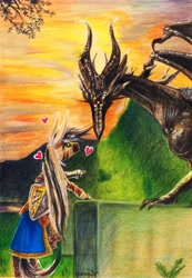 Size: 4383x6319 | Tagged: safe, artist:cahandariella, oc, oc:cahan, dragon, zebra, armor, atg 2024, crossover, dark souls, heart, looking at each other, looking at someone, love, mountain, mountain range, newbie artist training grounds, shield, sunset, traditional art, zebra oc
