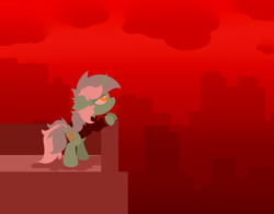Size: 4150x3250 | Tagged: safe, artist:background basset, lyra heartstrings, pony, unicorn, fanfic:background pony, g4, building, city, cityscape, clothes, dig the swell hoodie, female, hoodie, horn, lineless, mare, red background, rooftop, sad, solo