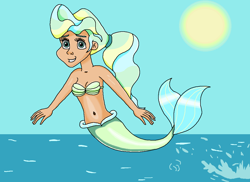 Size: 1070x777 | Tagged: safe, artist:ocean lover, vapor trail, human, mermaid, g4, bashful, beautiful, belly, belly button, blue sky, bra, clothes, curvy, cute, fish tail, happy, hourglass figure, human coloration, humanized, jumping, mermaid tail, mermaidized, mermay, moderate dark skin, ms paint, multicolored hair, ocean, ponytail, pretty, seashell, seashell bra, sky, smiling, solo, species swap, splash, sun, tail, teal eyes, underwear, vaporbetes, water