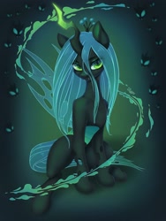 Size: 2400x3200 | Tagged: safe, artist:dlexsie, queen chrysalis, changeling, g4, antagonist, changeling hive, crown, cute, digital art, eyelashes, eyeshadow, fangs, female, glowing, glowing horn, gradient background, green eyes, green mane, green tail, green wings, high res, horn, jewelry, lidded eyes, looking at you, magic, makeup, mare, regalia, sitting, smiling, smiling at you, solo, spread wings, tail, wings