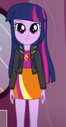 Size: 490x936 | Tagged: safe, artist:qbert2kcat, twilight sparkle, human, equestria girls, g4, clothes, clothes swap, female, jacket, shirt, skirt, solo