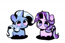 Size: 1987x1330 | Tagged: safe, artist:jojofassbender, starlight glimmer, trixie, pony, unicorn, g4, chibi, duo, duo female, female, horn, simple background, white background