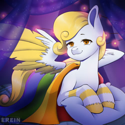 Size: 2000x2000 | Tagged: safe, alternate character, alternate version, artist:erein, oc, oc only, oc:gold zephyr, pegasus, pony, bedroom, commission, ears up, flag, garland, gay pride flag, high res, indoors, lgbt, looking at you, male, night, pegasus oc, pillow, pride, pride flag, pride month, room, smiling, smiling at you, solo, spread wings, string lights, tail, unshorn fetlocks, white fur, wings, ych result, yellow hair, yellow mane, yellow tail