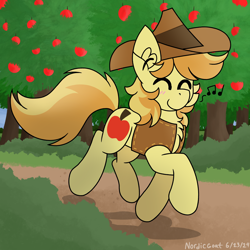 Size: 3000x3000 | Tagged: safe, artist:nordicgoat, braeburn, earth pony, pony, g4, apple, apple tree, blushing, braebetes, clothes, cute, dirt road, eyes closed, happy, hat, humming, male, music notes, smiling, solo, stallion, tree, vest