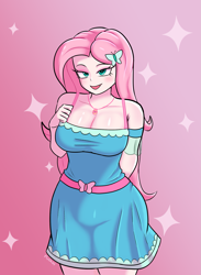 Size: 1403x1917 | Tagged: safe, artist:nonmask, fluttershy, human, equestria girls, g4, my little pony equestria girls: better together, arm behind back, bedroom eyes, blush lines, blushing, breasts, busty fluttershy, cleavage, fangs, female, fluttershy boho dress, geode of fauna, gradient background, magical geodes, open mouth, open smile, smiling, solo