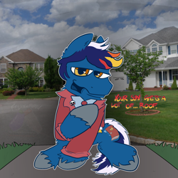 Size: 2048x2048 | Tagged: safe, artist:felixmcfurry, oc, oc only, oc:closing comet, earth pony, pony, clothes, colored, dialogue, door to door salesman, flat colors, fur, hooves, implied offscreen character, irl, jacket, male, photo, pin, solo, text, unshorn fetlocks, watermark