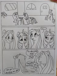 Size: 1080x1451 | Tagged: safe, artist:doodletheexpoodle, fluttershy, twilight sparkle, alicorn, pegasus, pony, comic:post blues, g4, bipedal, broom, comic, dialogue, duo focus, female, grayscale, mare, monochrome, pencil drawing, solo, speech bubble, sweat, sweeping, traditional art, twilight sparkle (alicorn)