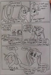 Size: 1080x1588 | Tagged: safe, artist:doodletheexpoodle, fluttershy, twilight sparkle, alicorn, pegasus, pony, comic:post blues, g4, crying, duo, duo female, female, floppy ears, grayscale, mare, monochrome, pencil drawing, sweat, traditional art, twilight sparkle (alicorn)