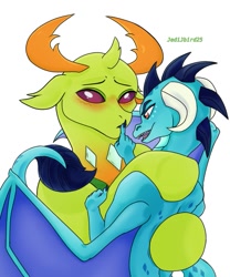 Size: 643x774 | Tagged: safe, artist:jedijbird25, princess ember, thorax, changedling, changeling, dragon, g4, triple threat, blushing, dragoness, duo, duo male and female, female, king thorax, male, scene interpretation, shhh, ship:embrax, shipping, simple background, straight, white background
