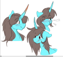 Size: 941x849 | Tagged: safe, artist:sparjechkaa, oc, oc only, unicorn, brown mane, facial expressions, gift art, horn, old art, sketch