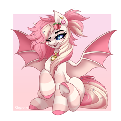 Size: 2000x2000 | Tagged: safe, artist:skyboundsiren, oc, oc only, oc:strawberry bites, bat pony, pony, accessory, bell, collar, commission, cute, ear piercing, earring, female, food, jewelry, passepartout, piercing, smiling, solo, sprinkles