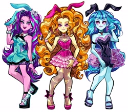 Size: 2048x1800 | Tagged: safe, artist:libbly_libby, adagio dazzle, aria blaze, sonata dusk, human, equestria girls, g4, bare shoulders, bunny ears, bunny suit, clothes, commission, female, high heel sandals, high heels, long hair, open mouth, open smile, sandals, shoes, simple background, skirt, sleeveless, smiling, the dazzlings, trio, trio female, white background