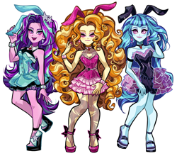 Size: 2048x1800 | Tagged: safe, artist:libbly_libby, adagio dazzle, aria blaze, sonata dusk, human, equestria girls, g4, bare shoulders, bunny ears, bunny suit, clothes, commission, female, high heels, long hair, open mouth, open smile, shoes, simple background, skirt, sleeveless, smiling, the dazzlings, trio, trio female, white background