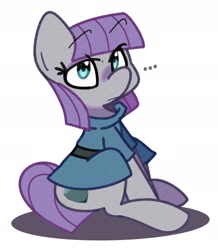 Size: 1328x1526 | Tagged: safe, artist:kindakismet, maud pie, earth pony, pony, g4, ..., clothes, eye clipping through hair, eyebrows, eyebrows visible through hair, female, mare, simple background, sitting, solo, white background