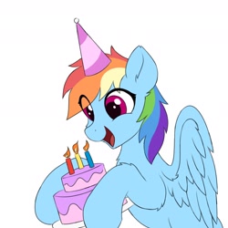 Size: 1800x1800 | Tagged: safe, artist:mercurysparkle, rainbow dash, pegasus, pony, g4, birthday cake, cake, eye clipping through hair, female, food, happy, hat, hoof hold, looking at something, mare, open mouth, open smile, partially open wings, party hat, rainbow dash's birthday, simple background, smiling, solo, white background, wings