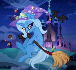 Size: 1580x1464 | Tagged: safe, artist:lazy cat, artist:olivi, trixie, bat pony, pony, g4, adoptable, art, base used, broom, castle of the royal pony sisters, character, commission, commission open, cute, flying, flying broomstick, halloween, holiday, moon, night, screencap background, solo, witch, your character here