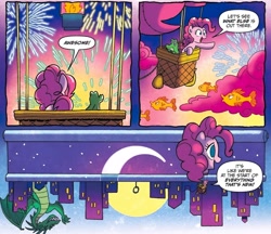 Size: 1948x1684 | Tagged: safe, artist:tony fleecs, idw, official comic, gummy, pinkie pie, dragon, earth pony, fish, pony, g4, spoiler:comic, spoiler:comic57, cloud, fireworks, hot air balloon, moon, sun, the discord zone, upside down