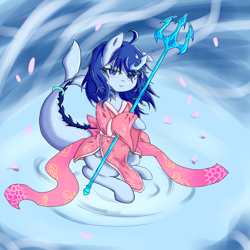 Size: 4096x4096 | Tagged: safe, artist:dw_atias, oc, oc only, oc:dragonwhale atias, original species, clothes, female, horn, kimono (clothing), simple background, slit pupils, solo, tail, water, weapon