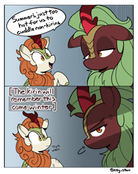 Size: 2335x2947 | Tagged: safe, artist:icey, autumn blaze, cinder glow, summer flare, kirin, g4, 2 panel comic, comic, cross-popping veins, dialogue, duo, duo female, emanata, female, floppy ears, heat, high res, implied cuddling, looking at you, speech bubble, summer, winter is coming