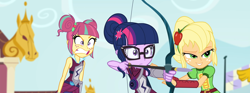 Size: 2848x1059 | Tagged: safe, composite screencap, edit, edited screencap, screencap, applejack, sci-twi, sour sweet, twilight sparkle, human, equestria girls, g4, my little pony equestria girls: friendship games, archery clothes, arrow, bow (weapon), female, friendship games archery outfit, friendship games outfit, glasses, hair bun, magic capture device, tri-cross relay outfit, trio