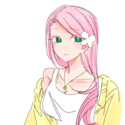 Size: 1280x1280 | Tagged: safe, artist:rainn__1026, fluttershy, human, g4, blushing, breasts, butterfly hairpin, collarbone, female, humanized, jewelry, looking at you, necklace, simple background, smiling, smiling at you, solo, white background