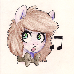 Size: 1500x1500 | Tagged: safe, artist:sararose, pony, :o, brown hair, bust, colored pencil drawing, music notes, open mouth, portrait, simple background, solo, tan background, traditional art