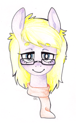 Size: 1308x2124 | Tagged: safe, artist:sararose, oc, oc only, pony, blonde hair, bust, clothes, glasses, gray coat, portrait, scarf, solo