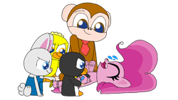 Size: 1280x720 | Tagged: safe, artist:cooperthedoodlian, pinkie pie, bird, duck, monkey, penguin, pony, rabbit, g4, g4.5, my little pony: pony life, animal, clothes, crossover, feather, hoof tickling, necktie, overalls, plush adventures, plushverse, simple background, tickle torture, tickling, toothbrush, transparent background