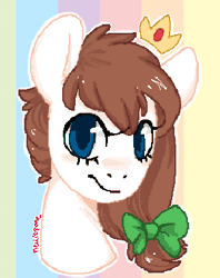 Size: 600x758 | Tagged: safe, artist:sararose, oc, oc only, pony, 2013, animated, blue eyes, brown hair, bust, crown, floating crown, gif, heart, jewelry, multicolored background, one eye closed, portrait, regalia, smiling, solo, talking, white coat, wink