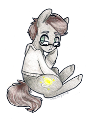 Size: 1152x1528 | Tagged: safe, artist:sararose, pony, brown hair, clothes, colored pencil drawing, full body, gray coat, green eyes, hoodie, male, solo, traditional art