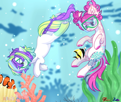 Size: 2560x2150 | Tagged: safe, artist:olivi, oc, oc only, dolphin, fish, pony, adoptable, base used, bubble, commission, coral, crepuscular rays, duo, flowing mane, flowing tail, mask, not pinkie pie, ocean, seaweed, smiling, snorkel, summer, sunlight, swimming, tail, underwater, water, ych example, your character here