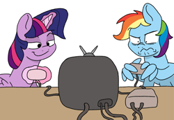 Size: 1435x991 | Tagged: safe, artist:doodledonutart, rainbow dash, twilight sparkle, alicorn, pony, g4, atg 2024, controller, do i look angry, duo, duo female, female, joystick, magic, newbie artist training grounds, simple background, television, twilight sparkle (alicorn), white background, wing hands, wings